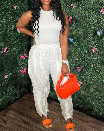 Yipinpay Tank Top & Tassel Decor Drawstring Pants Set 2023 New Fashion Two Piece Sets Female Suit